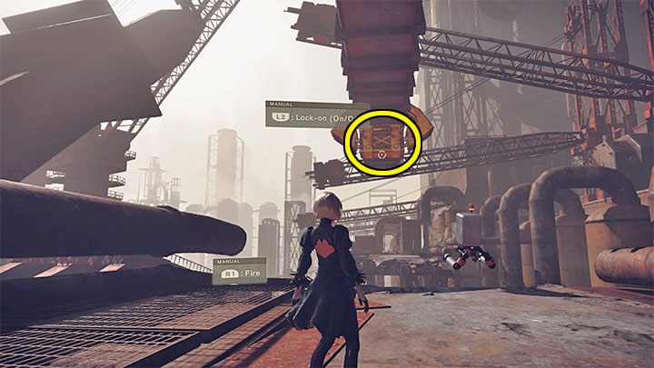 After the start of the next sequence, you need to shoot the yellow upper fragment (we marked it in the picture) to bring the whole structure down and unlock the passage - NieR Automata: Chapter 1, Route A - walkthrough - Route A - NieR Automata Guide