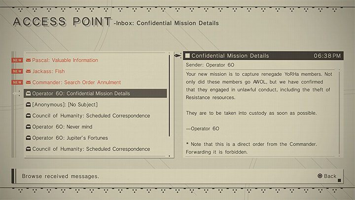 Quest giver: Access Point (Bunker) - NieR Automata: Bunker - walkthrough, side missions - Side missions - NieR Automata Guide