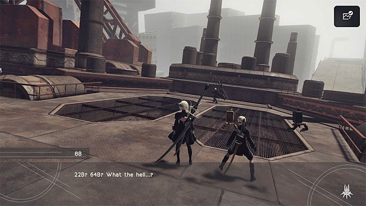 On the Goliath's highest platform, you will encounter 22B and 64B - NieR Automata: Bunker - walkthrough, side missions - Side missions - NieR Automata Guide