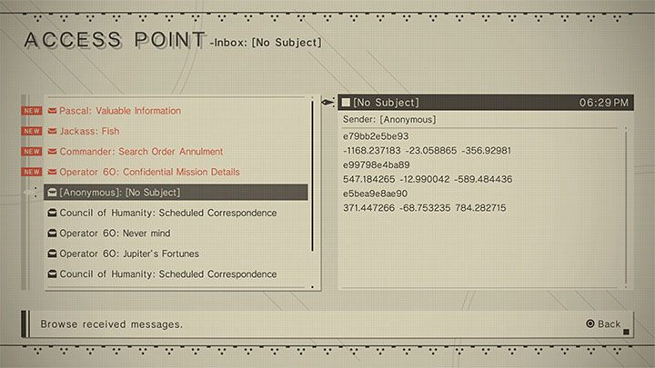 Quest giver: Access Point (Bunker) - NieR Automata: Bunker - walkthrough, side missions - Side missions - NieR Automata Guide