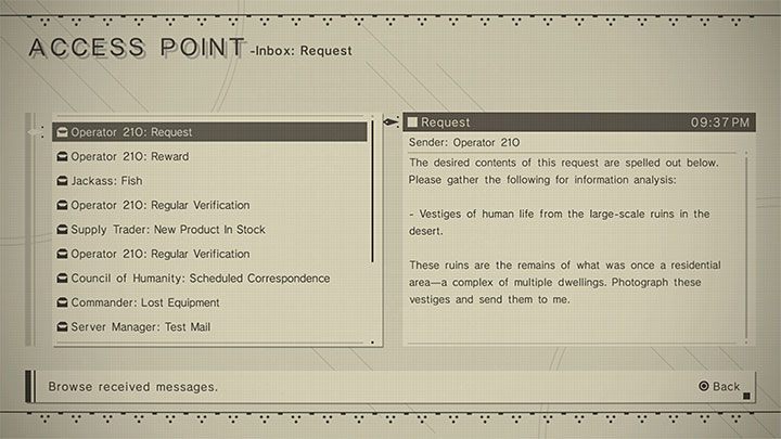 Quest giver: Operator 21O - NieR Automata: Bunker - walkthrough, side missions - Side missions - NieR Automata Guide