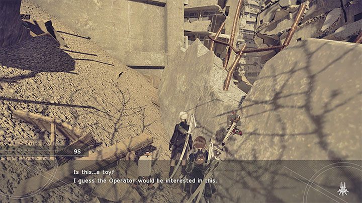 2) Broken Toy - This item is on uneven ground, next to a damaged building wall - NieR Automata: Bunker - walkthrough, side missions - Side missions - NieR Automata Guide