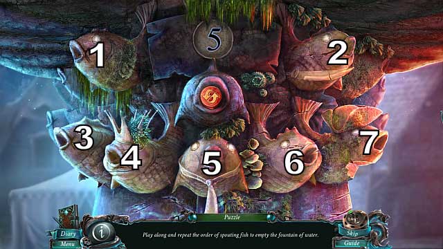 You will activate a game in which you need to repeat the order of the fishes that spit water - Chapter 3 | Puzzles - Puzzles - Nightmares from the Deep: The Sirens Call Game Guide & Walkthrough