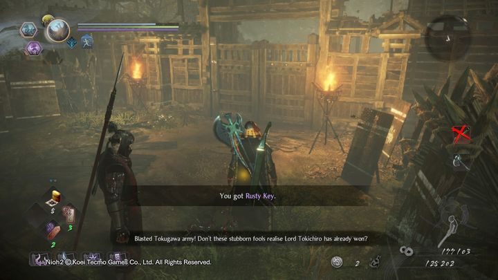 Find a body at the other end of the bridge and take Rusty Key from it - NiOh 2: The Two Faces of Hospitality walkthrough - Main missions - NiOh 2 Guide