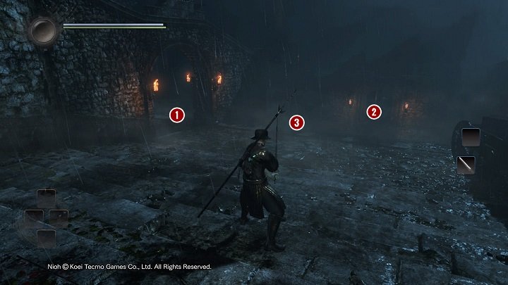 Proceed to the other part of the courtyard, and descend down the stairs - The Man with the Guardian Spirit | Main missions | NiOh - Main missions - NiOh Game Guide