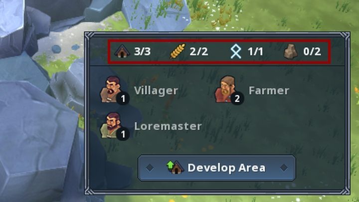 The top bar on the zone information panel shows the number of buildings and employees in relation to the maximum limit. - Construction and Expansion of Territory | Game Mechanics - Game Mechanics - Northgard Game Game Guide