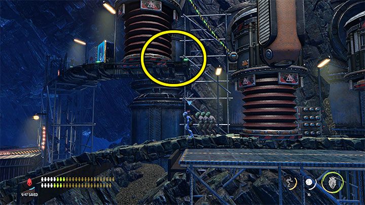 We stay in the place where the last trap was and jump to the top left shelf of the picture - Oddworld Soulstorm: Descent to Level 2, The Mines - guide, walkthrough description - 11: The Mines - Oddworld Soulstorm Guide