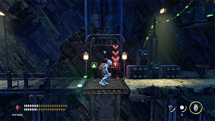 We can already press the left button, that is, the one at which all the green connections converge - Oddworld Soulstorm: Descent to Level 2, The Mines - guide, walkthrough description - 11: The Mines - Oddworld Soulstorm Guide