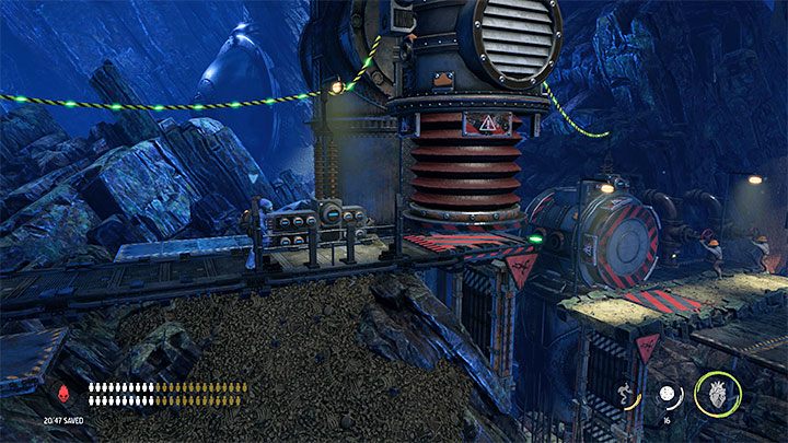 We return to the upper balcony using the bars and press the button to summon the elevator - Oddworld Soulstorm: Find a Way to Level 3, the Mines - walkthrough - 11: The Mines - Oddworld Soulstorm Guide