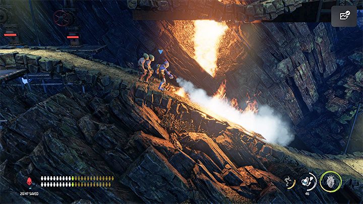 The flames are blocking the way and the solution to this problem will be found on the top shelf - Oddworld Soulstorm: Find a Way to Level 3, the Mines - walkthrough - 11: The Mines - Oddworld Soulstorm Guide