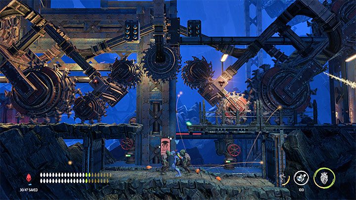 We ignore the elevator visible in the distance, because it is inactive and we must once again restore the power supply first - Oddworld Soulstorm: Find a Way to Level 3, the Mines - walkthrough - 11: The Mines - Oddworld Soulstorm Guide