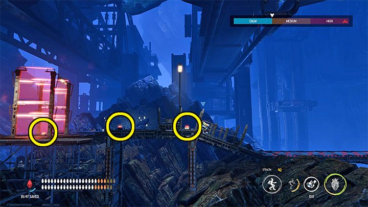 We stop after reaching the place from the picture 1, where you have to avoid giant drills for the first time - Oddworld Soulstorm: Find a Way to Level 3, the Mines - walkthrough - 11: The Mines - Oddworld Soulstorm Guide