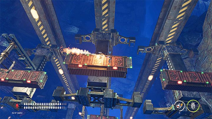 To the left, there are large platforms moving vertically - Oddworld Soulstorm: Find a Way to Level 3, the Mines - walkthrough - 11: The Mines - Oddworld Soulstorm Guide