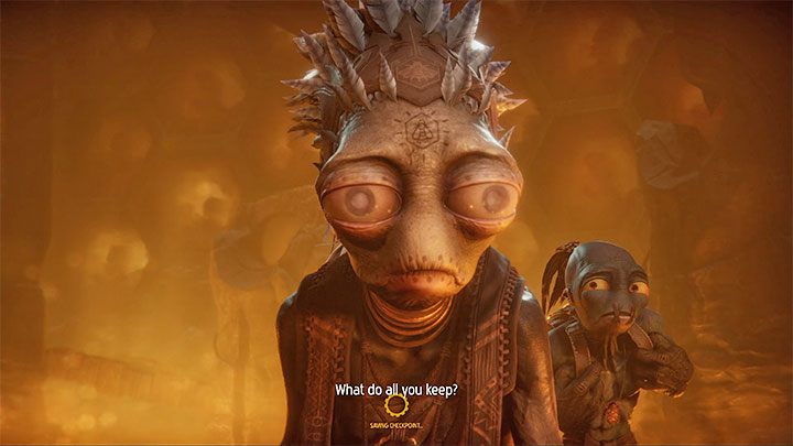 We'll find ourselves in a better - lit area, and we need to head to the right - Oddworld Soulstorm: Meeting with the Keeper, the Sanctum - guide, walkthrough description - 12: The Sanctum - Oddworld Soulstorm Guide