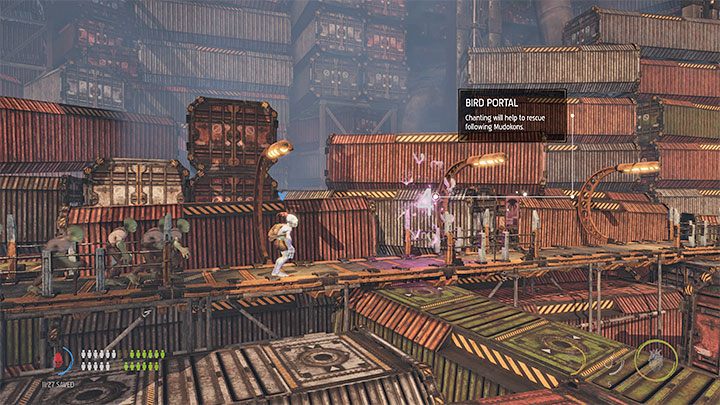 The last part of the mission will begin shortly after we solve the containers puzzle and reach the lever that unlocks the passage for the escorted Mudokons - Oddworld Soulstorm: Climbing the Loading Crane, the Yards - walkthrough - 15: The Yards - Oddworld Soulstorm Guide