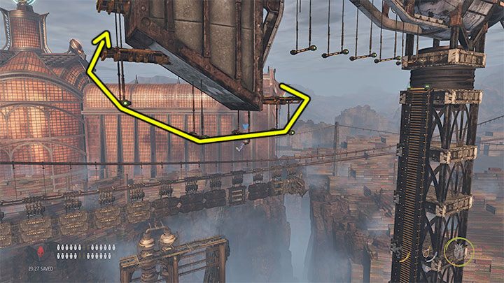 After reaching the shelf with the checkpoint, we carefully lower ourselves at the right edge, jump to the nearest bar and continue climbing - Oddworld Soulstorm: Climbing the Loading Crane, the Yards - walkthrough - 15: The Yards - Oddworld Soulstorm Guide