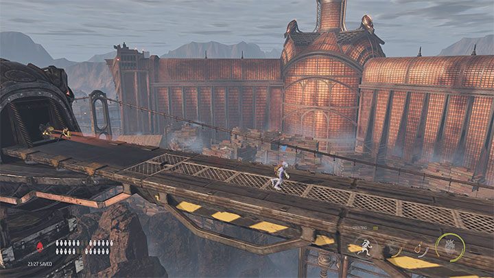 We climb to the higher shelves and go to the right - Oddworld Soulstorm: Climbing the Loading Crane, the Yards - walkthrough - 15: The Yards - Oddworld Soulstorm Guide