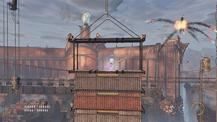 Use possession on the same flying Slig once again - it will protect Abe in the first part of the battle - Oddworld Soulstorm: Climbing the Loading Crane, the Yards - walkthrough - 15: The Yards - Oddworld Soulstorm Guide
