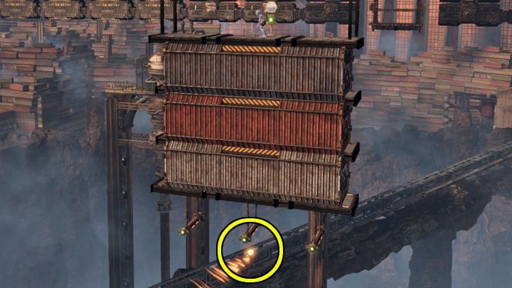 After you have defeated all the Sligs and the hanging platform stops, position yourself at the left or right end of the platform and start descending - Oddworld Soulstorm: Climbing the Loading Crane, the Yards - walkthrough - 15: The Yards - Oddworld Soulstorm Guide