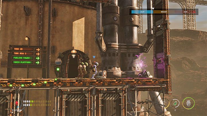 Before entering the next area, we should wait for the Slig flying around this area to appear and fly away - Oddworld Soulstorm: Crossing Tank Row 2D, Phat Station - walkthrough - 6: Phat Station - Oddworld Soulstorm Guide