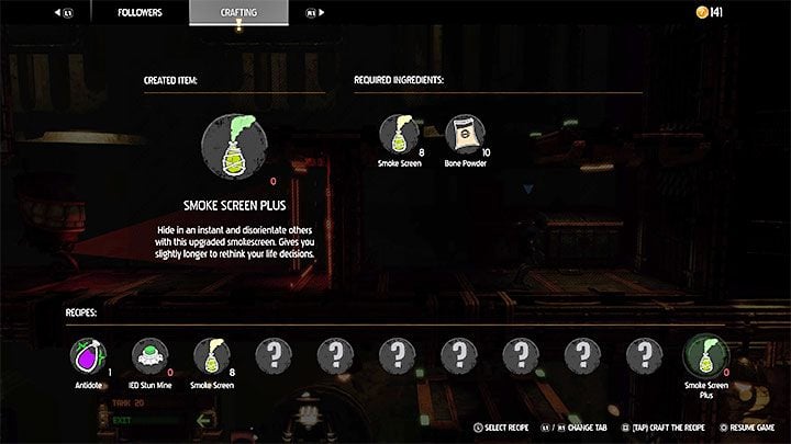 Once you produce your first standard smoke screen grenade, you will unlock a blueprint of upgraded grenades - Smoke Screen Plus To produce them, you will need a standard grenade and Bone Powder, a rare crafting ingredient - Oddworld Soulstorm: Crossing Tank Row 2D, Phat Station - walkthrough - 6: Phat Station - Oddworld Soulstorm Guide