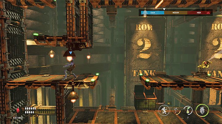 Alerting the area will temporarily block the exit from this location, so we wait it out in cover until everything returns to the blue state (calm) - Oddworld Soulstorm: Crossing Tank Row 2D, Phat Station - walkthrough - 6: Phat Station - Oddworld Soulstorm Guide
