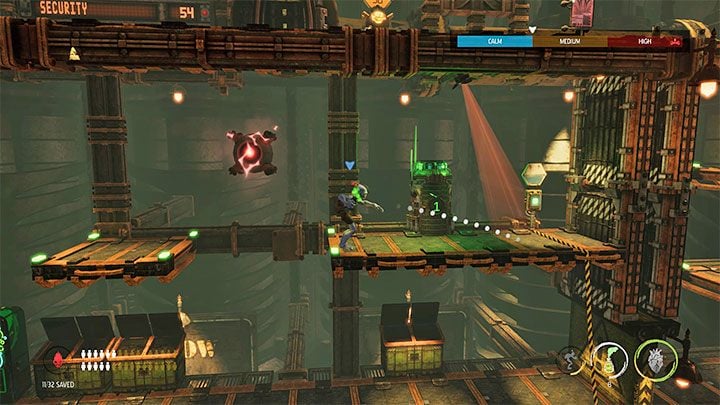 In the new area, we recommend using the Smoke Screen Plus grenade to get rid of the Slig and ensure a peaceful exploration of the location - Oddworld Soulstorm: Crossing Tank Row 2D, Phat Station - walkthrough - 6: Phat Station - Oddworld Soulstorm Guide