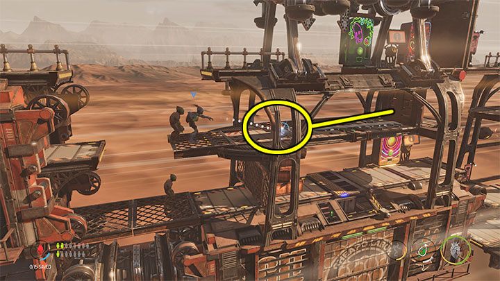 On the upper level, we will find 2 vending machines - we can pick up free brew bottles and get a fire extinguisher, which is a unique gadget for this stage - Oddworld Soulstorm: Freeing Mudokons from the cars, the Hijack - walkthrough - 7: The Hijack - Oddworld Soulstorm Guide