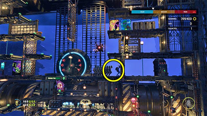 We will reach the level Holding pen 5 by elevator and, unlike level 6, we will face an encounter with some Sligs - Oddworld Soulstorm: Holding Pen 5-1, Escape - guide - 13: Escape - Oddworld Soulstorm Guide