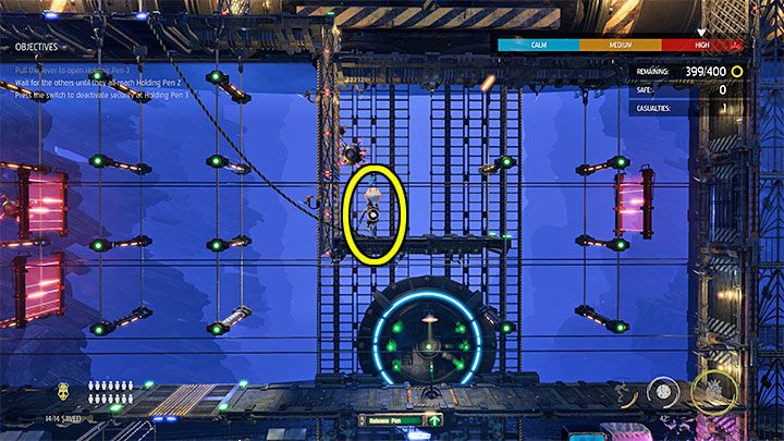 We need to reach the area above the lever where the button is located - Oddworld Soulstorm: Holding Pen 5-1, Escape - guide - 13: Escape - Oddworld Soulstorm Guide