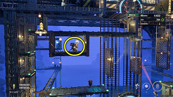 After all the Mudokons have fled, we climb as the elite Slig onto the left pillar - Oddworld Soulstorm: Holding Pen 5-1, Escape - guide - 13: Escape - Oddworld Soulstorm Guide