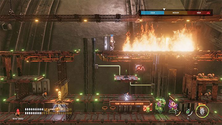 Get rid of the Slig from the top shelf and pull the lever to switch the elevators on - Oddworld Soulstorm: Activating 5 Brewing Chambers - walkthrough - 17: Eye of the Storm - Final - Oddworld Soulstorm Guide