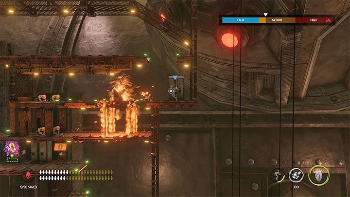 After the barricade is destroyed, extinguish the flames and move to the right - Oddworld Soulstorm: Activating 5 Brewing Chambers - walkthrough - 17: Eye of the Storm - Final - Oddworld Soulstorm Guide