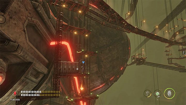 As you're going right, you can explore the upper shelf with boxes and lockers, and attack new Sligs or bypass them by jumping to the bars - Oddworld Soulstorm: Activating 5 Brewing Chambers - walkthrough - 17: Eye of the Storm - Final - Oddworld Soulstorm Guide