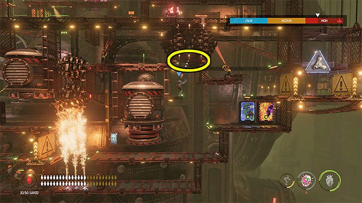 Jump through the flames and land at the checkpoint, which is below some active sprinkles - Oddworld Soulstorm: Activating 5 Brewing Chambers - walkthrough - 17: Eye of the Storm - Final - Oddworld Soulstorm Guide