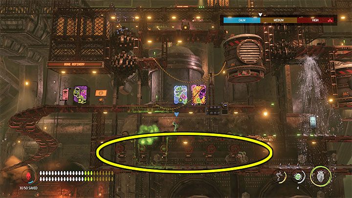Before you leave this place, examine the lowest corridor shown in the picture, which you can reach by turning off the flames after getting rid of the Sligs - Oddworld Soulstorm: Activating 5 Brewing Chambers - walkthrough - 17: Eye of the Storm - Final - Oddworld Soulstorm Guide