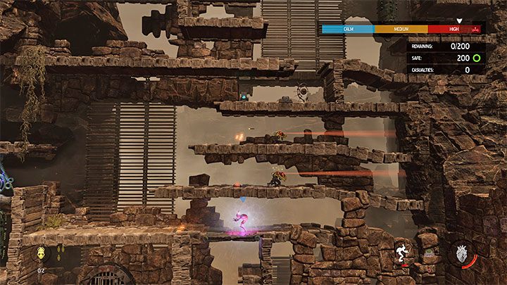 After the Mudokons escaped from this area, let's hide in the lowest level of the arena - Oddworld Soulstorm: Protecting other Mudokons, the Ruins - walkthrough - 2: The Ruins - Oddworld Soulstorm Guide