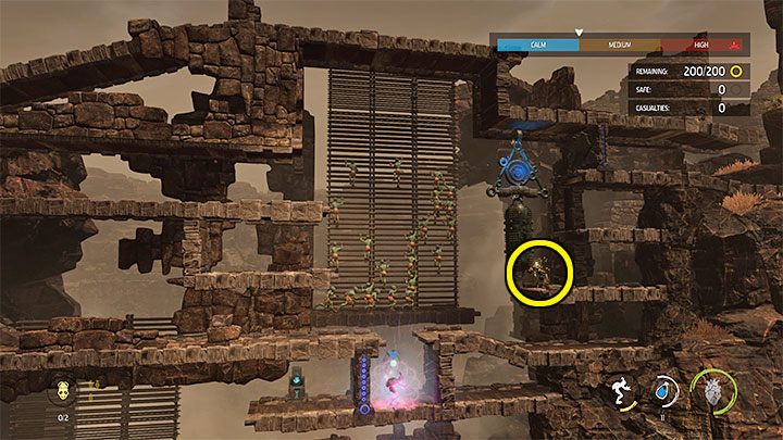 As before, the confrontation will not begin until we use chanting on the upper bell - Oddworld Soulstorm: Protecting other Mudokons, the Ruins - walkthrough - 2: The Ruins - Oddworld Soulstorm Guide