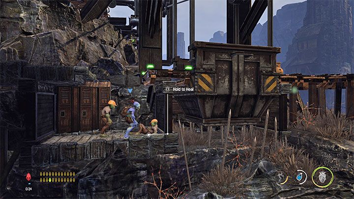 Take the first healed Mudokon with you and use the nearby mine cart - Oddworld Soulstorm: Healing sick Mudokons, the Funicular - walkthrough - 4: The Funicular - Oddworld Soulstorm Guide