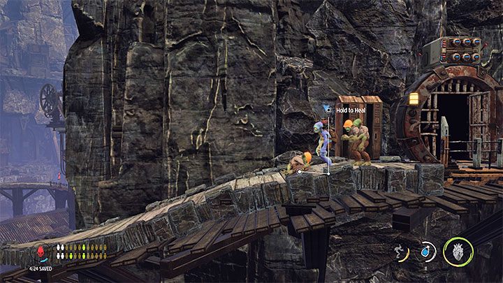 Leave the secret area, then use the elevator again and head to the middle level - Oddworld Soulstorm: Healing sick Mudokons, the Funicular - walkthrough - 4: The Funicular - Oddworld Soulstorm Guide