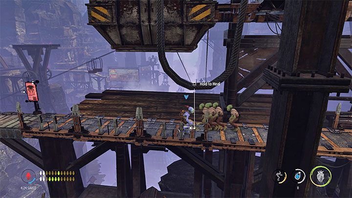 The sixth sick Mudokon is located on one of the upper platforms - Oddworld Soulstorm: Healing sick Mudokons, the Funicular - walkthrough - 4: The Funicular - Oddworld Soulstorm Guide