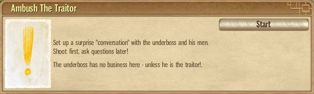 Set a trap on the traitor; another battle is in store. - Mediterranean Ave - Act III - Omerta: City of Gangsters - Game Guide and Walkthrough