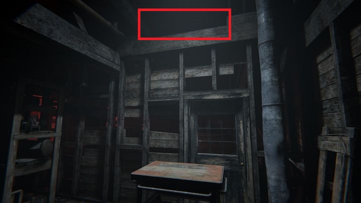 The first thing youll need to do is to push the small desk up to the opposite wall (the one with the locked door) to create a footstep that will enable you to leave the room by climbing to the ledge marked by a red rectangle - Blake Against the Machine | Judges | Walkthrough - Judges - Outlast 2 Game Guide