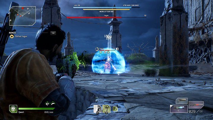 The next special ability at Yagak's disposal is Overload - the boss shields himself with a blue barrier that ricochets incoming bullets towards the protagonist - Outriders: Yagak 1st boss fight - how to defeat? - Bosses - Outriders Guide