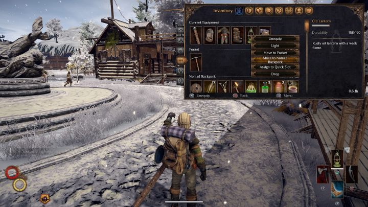 The lantern can be fixed to the backpack in the inventory screen. - How to attach the lantern to the backpack in Outward? - FAQ - Outward Guide