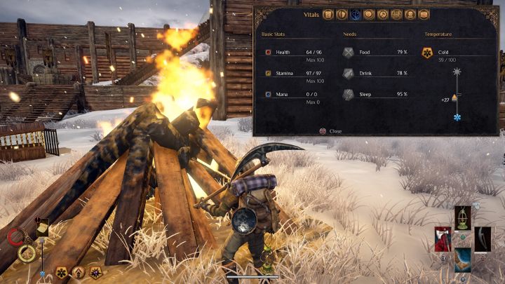 Standing by a bonfire warms the character up quickly. - How to warm up the character in Outward? - FAQ - Outward Guide