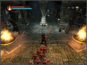 Now take the strategy: send one minion at a time to the bombs downstairs to start them, leave them to blow the pillars and come back to you so the pillars will fall over to the dwarves - Kill Goldo and his pet - part 2 - Walkthrough - Overlord - Game Guide and Walkthrough