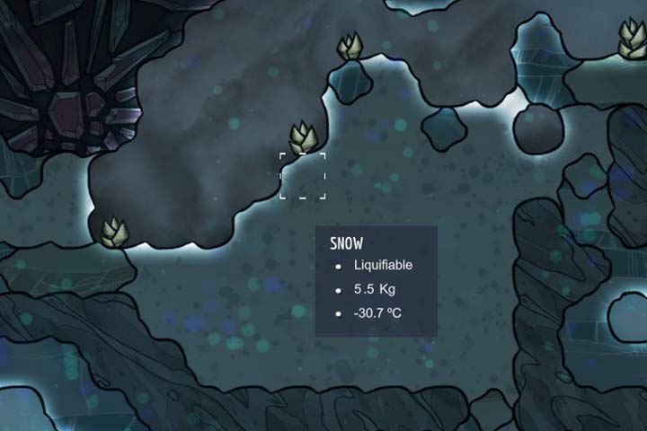 Snow - a lighter from of ice, which can be melted to obtain water - Minerals, rocks and metals in Oxygen Not Included | Resources - Resources - Oxygen Not Included Game Guide