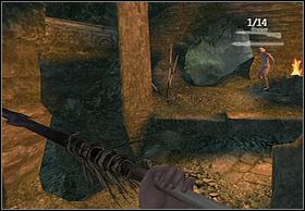 Walk ahead to the place lighted up with fire, where a hole in the wall is located - Venatosaurus - Walkthrough - Peter Jacksons King Kong - Game Guide and Walkthrough