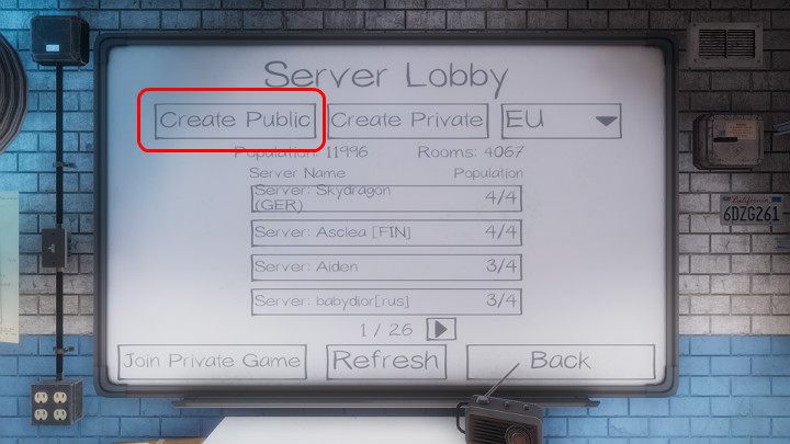 To create a public server in Phasmophobia, after logging in to the game, go to the board in the ghost hunters' hideout and select play, and then click the Create Public server button - Phasmophobia: Matchmaking - is it in the game? - FAQ - Phasmophobia Guide